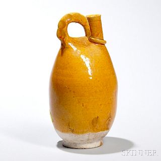 Amber-glazed Pilgrim Flask 手捏手柄柱口琥珀色供瓶，高12英寸，中国辽代