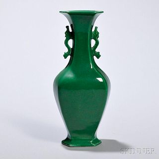 Hexagonal Faceted Vase 龙形双耳细颈六角绿釉花瓶，