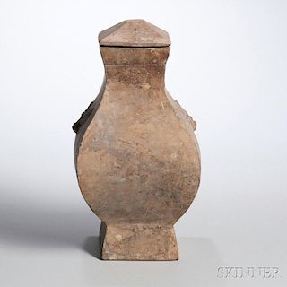 Stoneware Four-sided Hu   Vase 饕餮双耳四角石瓶，高13.5英寸，中国