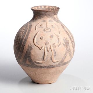 Painted Pottery Figural Jar 撇口卵形浮雕人物黑网纹陶罐，高13英寸，中国马家窑