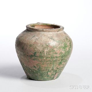 Lead Green-glazed Jar 翻边广口鼓腹绿釉罐，高6英寸，或中国汉代