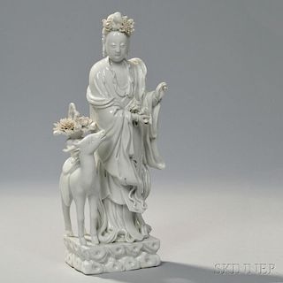 Blanc-de-Chine Figure of Ma Gu 德化窑麻姑持芝鹿驮花篮造像，高15.5英寸，19/20世纪,中国