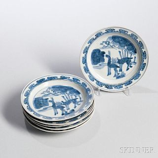 Set of Six Export Blue and White Porcelain Dishes 外销瓷青花恐龙卷草纹碟子六只,直径5.75英寸,中国