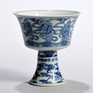 Blue and White Stem Cup 八仙过海青花高脚杯,高4.25英寸,直径4.125英寸,乾隆时期,中国