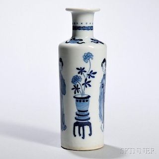 Small Blue and White Rouleau Vase 仕女赏花青花卷口小瓶，高7.625英寸，中国康熙