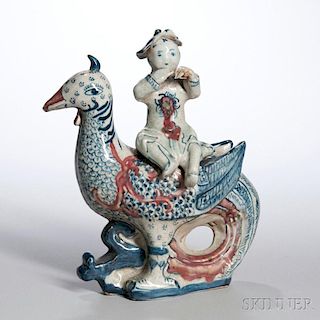 Blue and White Porcelain Figure 青花神鸟和人，高10.75英寸，中国明代