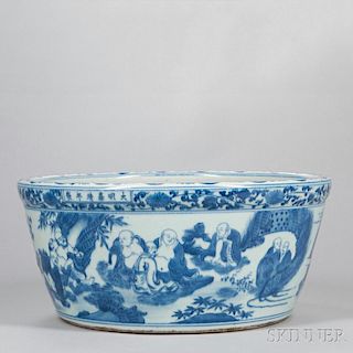 Blue and White Fish Bowl 缠枝莲纹竹林七贤青花鱼缸，高7.25英寸，直径16.125英寸，中国