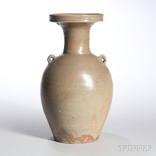 Celadon-glazed Pottery Jar 双凸肩饰青瓷盘口瓶,高12.75英寸,中国唐代