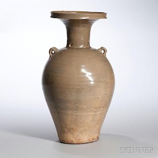 Celadon-glazed Pottery Jar 双凸肩饰青瓷盘口瓶,高15.125英寸,中国唐代