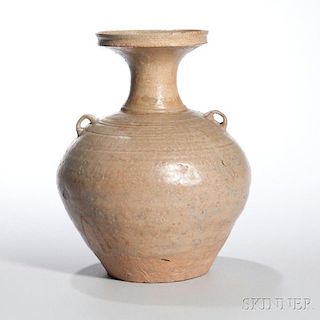 Celadon-glazed Pottery Jar 单凸肩饰青瓷盘口瓶，高10.875英寸，中国唐代