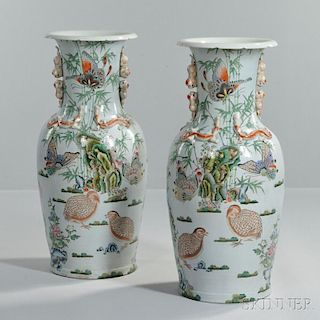Pair of Tall Enameled Porcelain Vases 双狮双耳珐琅彩花鸟象腿大瓶一对,高37英寸,中国