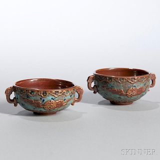 Near Pair of Batavia Brown-glazed Fahua   Cups 赤龙双把如意云纹棕瓷碗，高1.375英寸,直径2.625英寸,或18世纪,中国