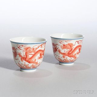 Pair of Iron Red-glazed Porcelain Cups 铁红游龙瓷杯一对，高2英寸，直径2.375英寸，19/20世纪,中国