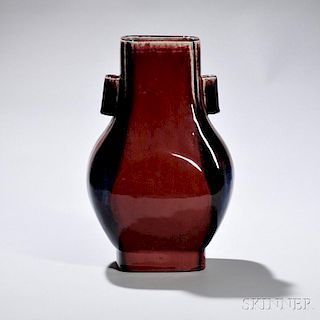 Flambe-glazed Vase 柱形双耳铁红釉方壶，高12.25英寸，19世纪,光绪款,中国