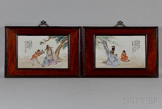 Two Framed Porcelain Plaques, China, 20th century 唐寅画意瓷板画匾两块，高9.5英寸，宽15英寸,20世纪,中国