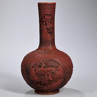 Cinnabar Vase 剔红天球瓶,高21英寸,18/19世纪,中国