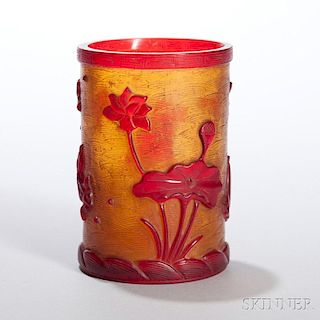 Peking Glass Overlaid Brush Pot 北京雕花玻璃笔筒，高4.5英寸，乾隆款