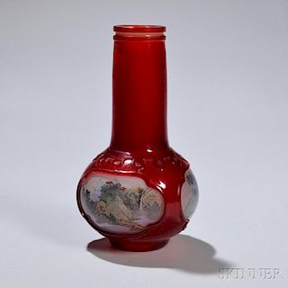 Red and Interior-painted Peking Glass Vase 北京红色玻璃开光山水天球瓶，高8英寸，19/20世纪,中国
