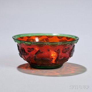 Green Overlay on Red Peking Glass Bowl 北京绿边红色雕花玻璃碗，直径5英寸，20世纪早期,中国