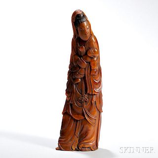 Buffalo Horn Carving of Guanyin 牛角观音造像，高13.125英寸，中国