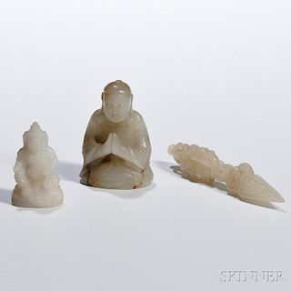 Three Miniature Hardstone Buddhist Carvings 三件玉雕佛教用品，高1.625-3.5英寸,中国