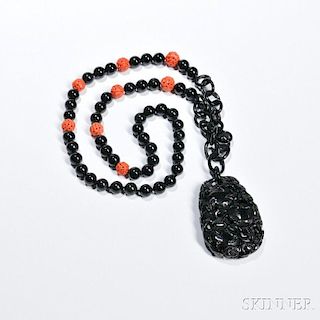 Black Stone and Coral Bead Necklace with Pendant 黑石和珊瑚珠子项链配吊坠,长16.5英寸,中国