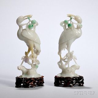 Pair of Jadeite Ibises 一对翡翠衔果朱鹮，高7.75英寸，20世纪,中国