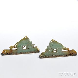 Pair of Jadeite Carvings of Boats 一双船型雕花玉鞋，高1.875英寸，长4英寸，中国