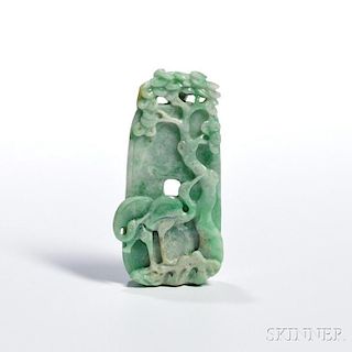 Jadeite Plaque Pendant 松鹤翡翠挂件，高2.75英寸，中国