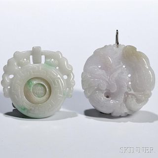 Two Jadeite Carved Pendants 两件翡翠挂件,直径2英寸,中国