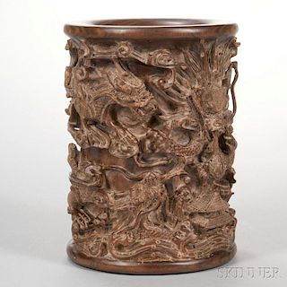 Carved Wood Brush Pot 木雕盘龙笔筒，高9.5英寸，中国
