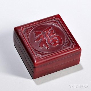 Red Stone Seal Paste Box 福字红石印泥盒,高2.625英寸,宽2.625英寸,中国，1931年