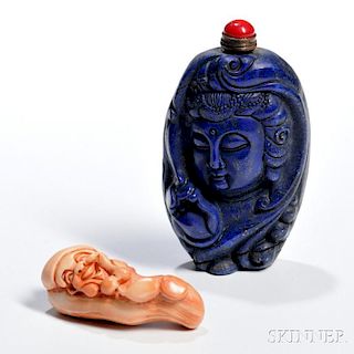 Carved Lapis and Carved Shell Snuff Bottle 两件青金石和贝壳鼻烟壶，高3.375英寸，中国