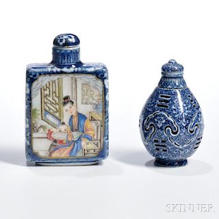 Two Blue and White Snuff Bottles 两件青花鼻烟壶，高3.125英寸，中国