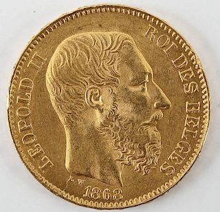 1865 Belgium 20 Franc Gold Piece