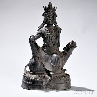 Bronze Guanyin with Lion 铜制观音和狮子，高14.25英寸，中国明代