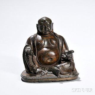 Cast Bronze Figure of Budai 铜铸布袋和尚，高5.875英寸，宽5.75英寸,中国