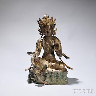 Parcel Gilt-bronze Statue of Bodhisattva 包金青铜坐莲菩萨，高16.875英寸，中国明代