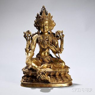 Gilt-bronze Figure of Bodhisattva 镀金青铜坐莲菩萨，高14英寸，宽9.25英寸,中国明代