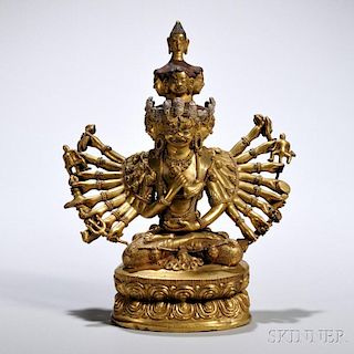 Gilt-bronze Deity with Multiple Heads and Thousand Arms 镀金青铜千手观音，高10英寸，尼泊尔或中国西藏