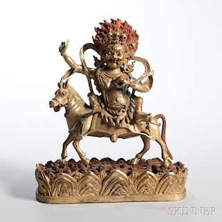 Gilt-bronze Figure of Yamantaka and Stand 镀金青铜大威德菩萨，高10英寸，宽7.875英寸,17世纪,中国西藏