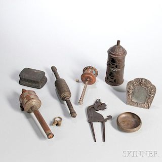Nine Assorted Metal Items 9件各类佛器，高1-12.5英寸，中国西藏