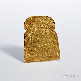 22K Gold-leaf Plaque 22K坐莲菩萨金叶子，高3英寸，宽2.125英寸,中国