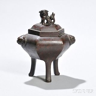 Bronze Covered Censer 狮面铺首狮钮盖六边形铜香炉,高5英寸,中国