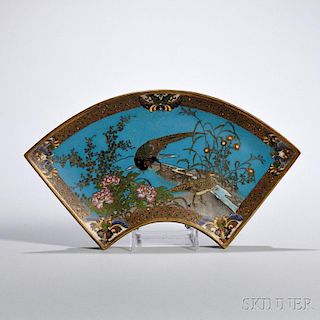 Cloisonne Fan-shaped Tray 景泰蓝花鸟扇形托盘，高0.875英寸,宽11英寸,19/20世纪,日本