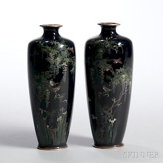 Pair of Cloisonne Vases 景泰蓝花鸟梅瓶一对,高7.125英寸,19世纪,日本