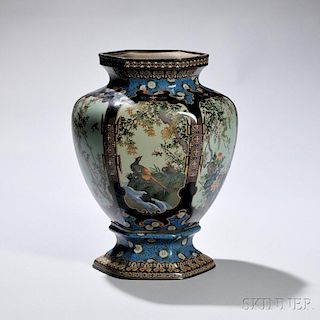 Cloisonne Vase 景泰蓝开光锦鸡花草盘口瓶,高12英寸,日本