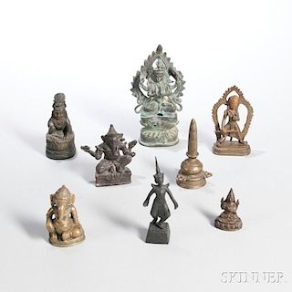 Eight Assorted Miniature Bronze Items 8件各类铜制物件，高2.375-8英寸，19/20世纪,亚洲