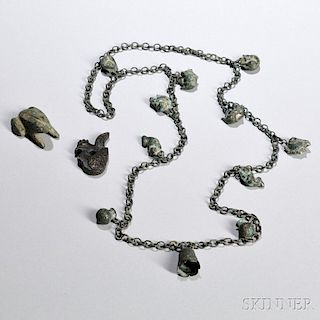 Three Metal Items 3件金属物件（项链，蟾蜍，鸡）,项链长21.5英寸,中国