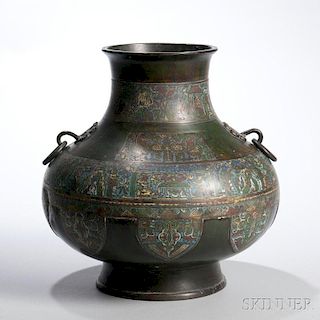 Champleve Bronze Vase 镶嵌珐琅铜水罐，高14.75英寸，19世纪,日本